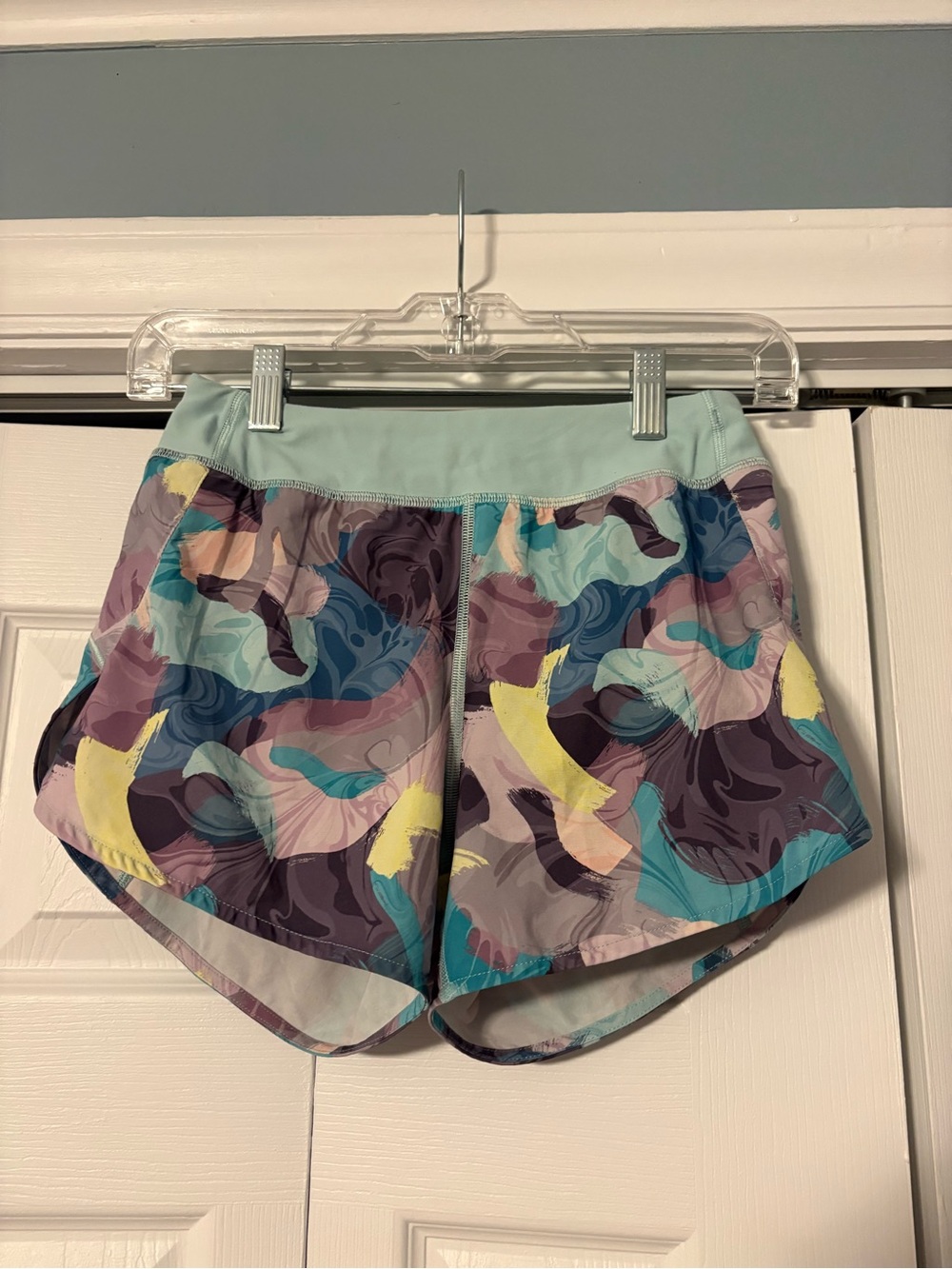 Girl’s Athleta Multicolor Pastel Abstract Running Shorts - Teal, Lavender & Gray